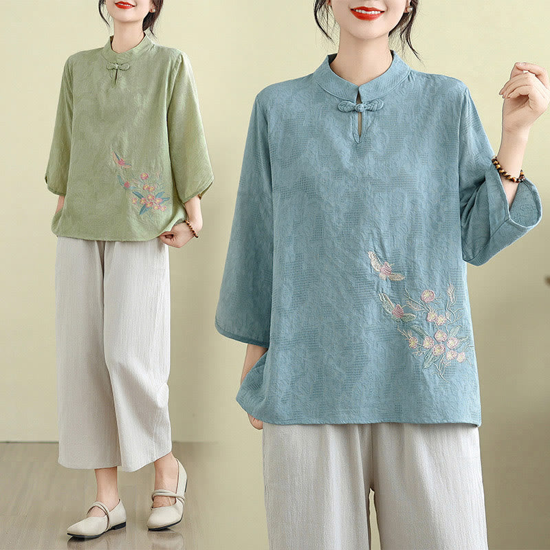 Camicia da donna in cotone con collo alla coreana, maniche a tre quarti, ricamo floreale con Buddha Stones un bottone a forma di rana - image 15