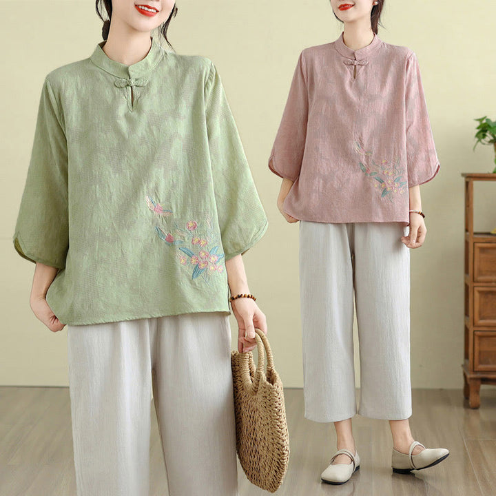 Camicia da donna in cotone con collo alla coreana, maniche a tre quarti, ricamo floreale con Buddha Stones un bottone a forma di rana - image 27