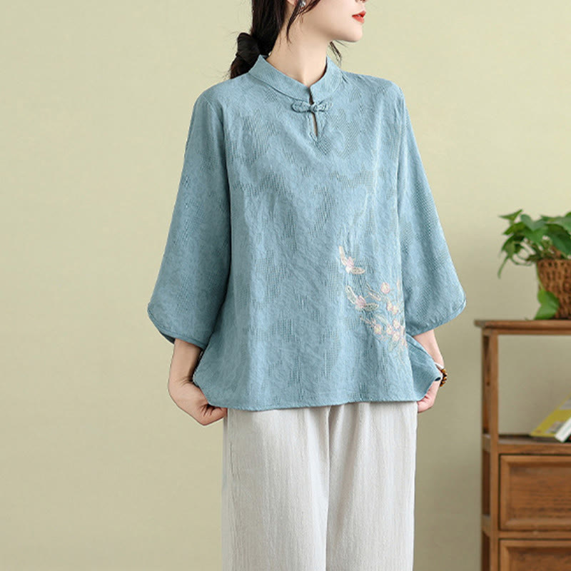 Camicia da donna in cotone con collo alla coreana, maniche a tre quarti, ricamo floreale con Buddha Stones un bottone a forma di rana - image 12
