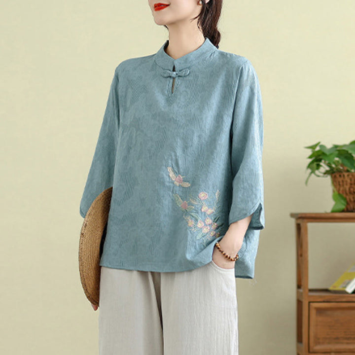 Camicia da donna in cotone con collo alla coreana, maniche a tre quarti, ricamo floreale con Buddha Stones un bottone a forma di rana - image 14