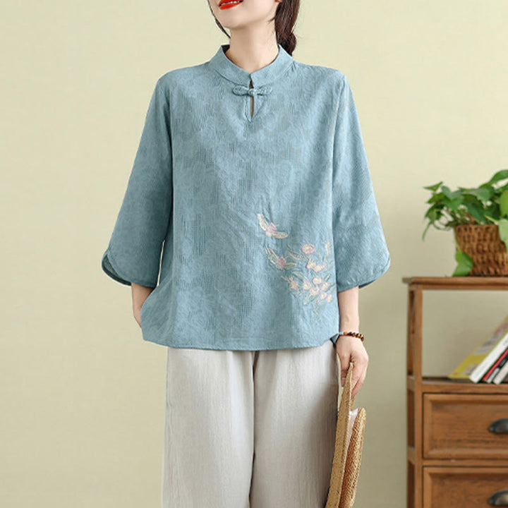 Camicia da donna in cotone con collo alla coreana, maniche a tre quarti, ricamo floreale con Buddha Stones un bottone a forma di rana - image 11