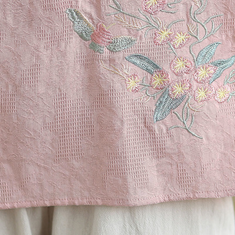 Camicia da donna in cotone con collo alla coreana, maniche a tre quarti, ricamo floreale con Buddha Stones un bottone a forma di rana - image 25