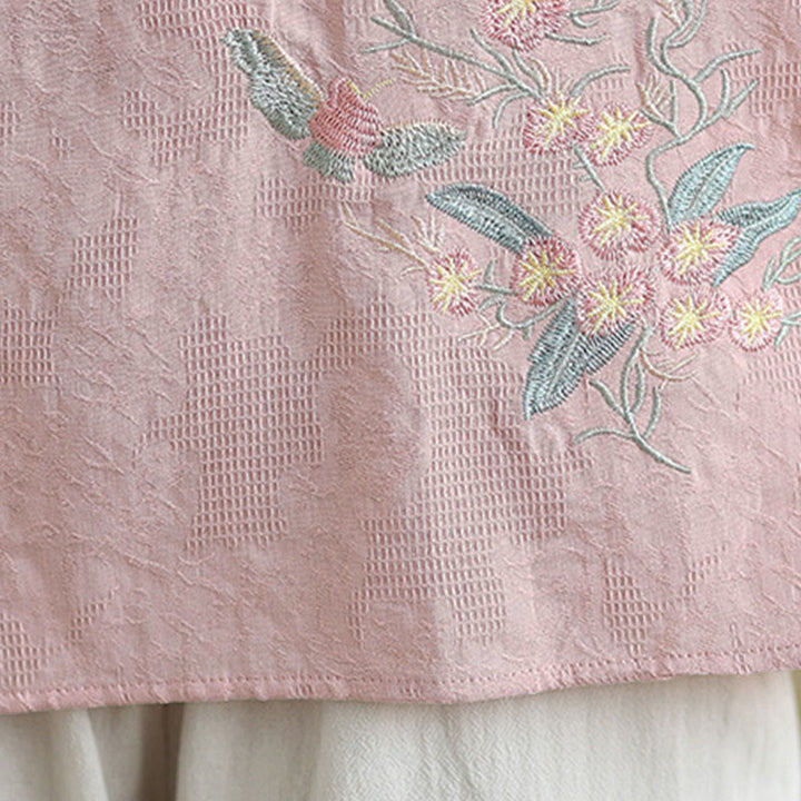 Camicia da donna in cotone con collo alla coreana, maniche a tre quarti, ricamo floreale con Buddha Stones un bottone a forma di rana - image 25