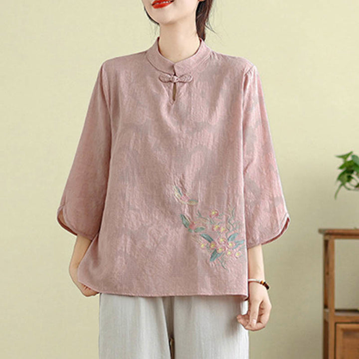 Camicia da donna in cotone con collo alla coreana, maniche a tre quarti, ricamo floreale con Buddha Stones un bottone a forma di rana - image 22