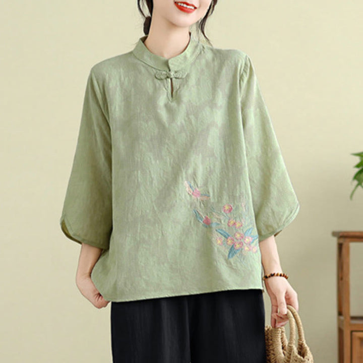 Camicia da donna in cotone con collo alla coreana, maniche a tre quarti, ricamo floreale con Buddha Stones un bottone a forma di rana - image 7