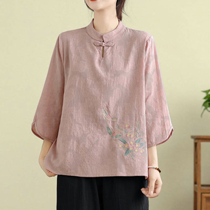 Camicia da donna in cotone con collo alla coreana, maniche a tre quarti, ricamo floreale con Buddha Stones un bottone a forma di rana - image 20