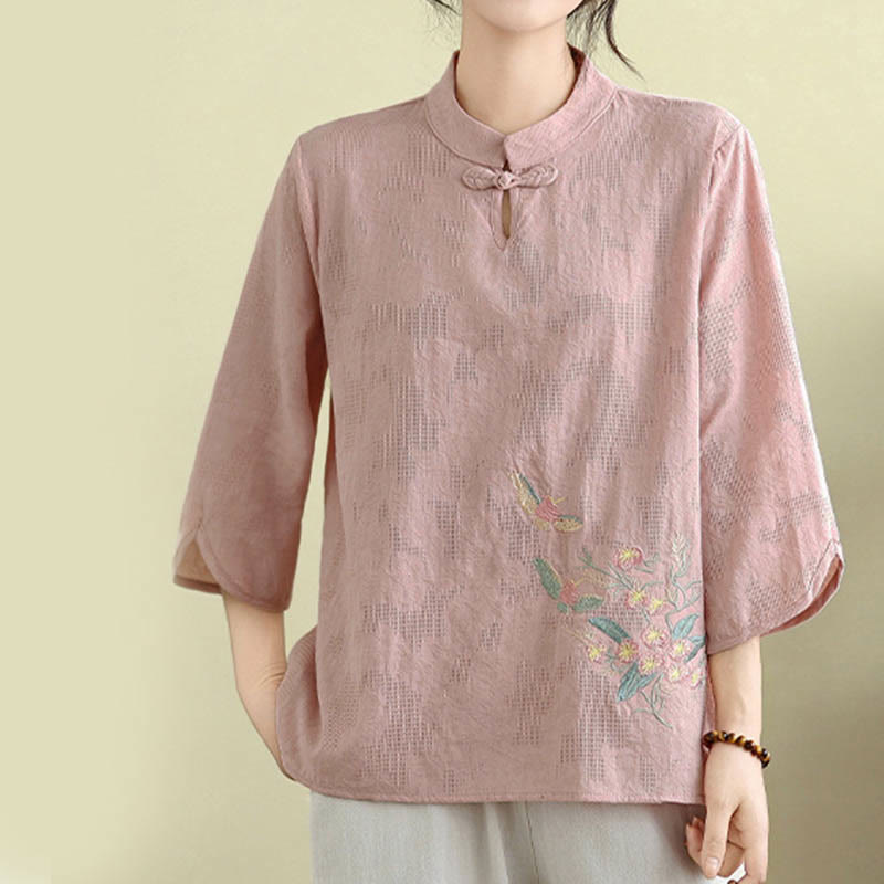 Camicia da donna in cotone con collo alla coreana, maniche a tre quarti, ricamo floreale con Buddha Stones un bottone a forma di rana - image 17