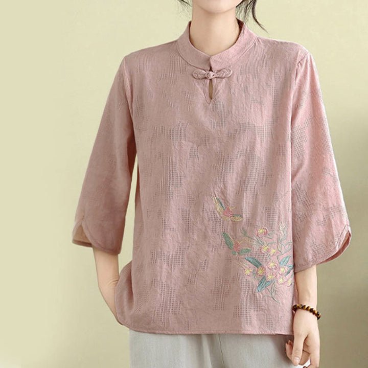 Camicia da donna in cotone con collo alla coreana, maniche a tre quarti, ricamo floreale con Buddha Stones un bottone a forma di rana - image 17