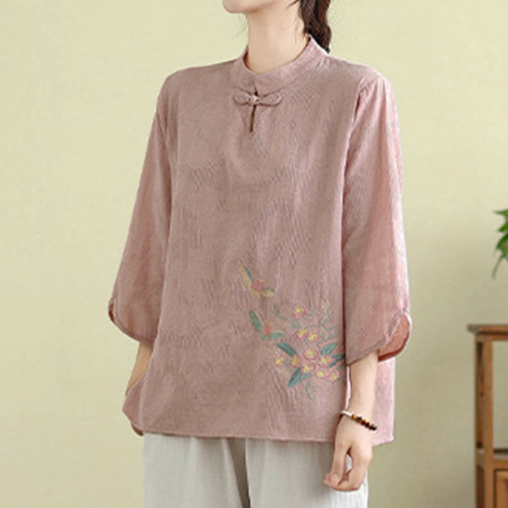 Camicia da donna in cotone con collo alla coreana, maniche a tre quarti, ricamo floreale con Buddha Stones un bottone a forma di rana - image 21