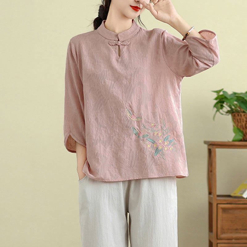 Camicia da donna in cotone con collo alla coreana, maniche a tre quarti, ricamo floreale con Buddha Stones un bottone a forma di rana - image 18
