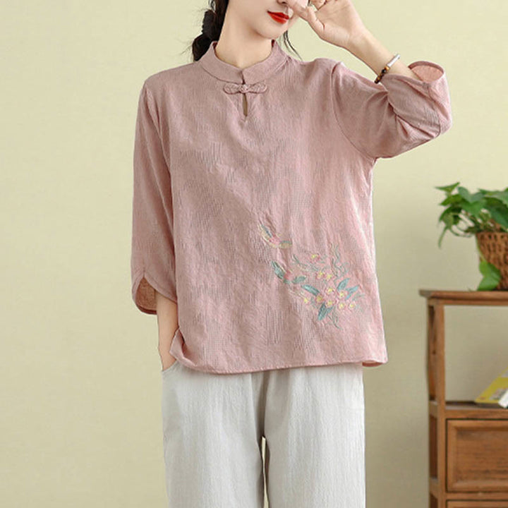Camicia da donna in cotone con collo alla coreana, maniche a tre quarti, ricamo floreale con Buddha Stones un bottone a forma di rana - image 18