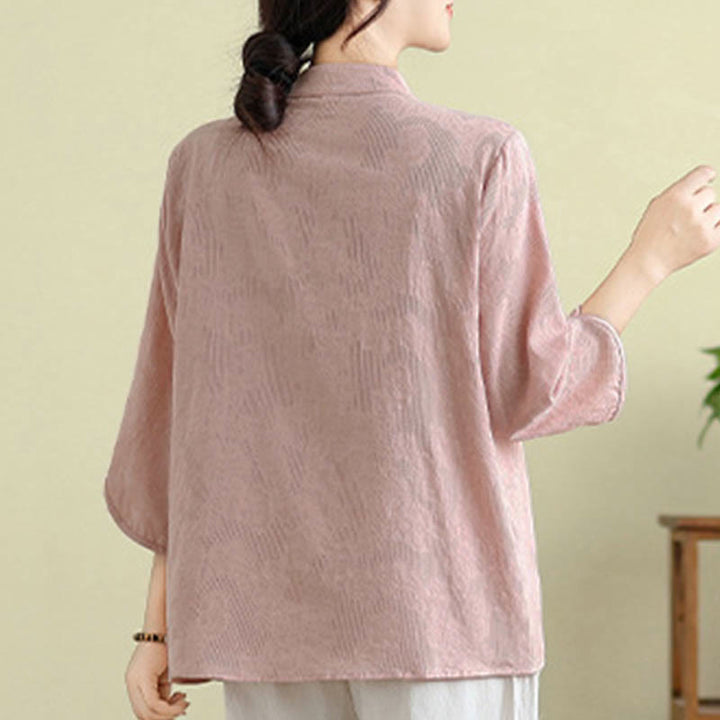 Camicia da donna in cotone con collo alla coreana, maniche a tre quarti, ricamo floreale con Buddha Stones un bottone a forma di rana - image 19