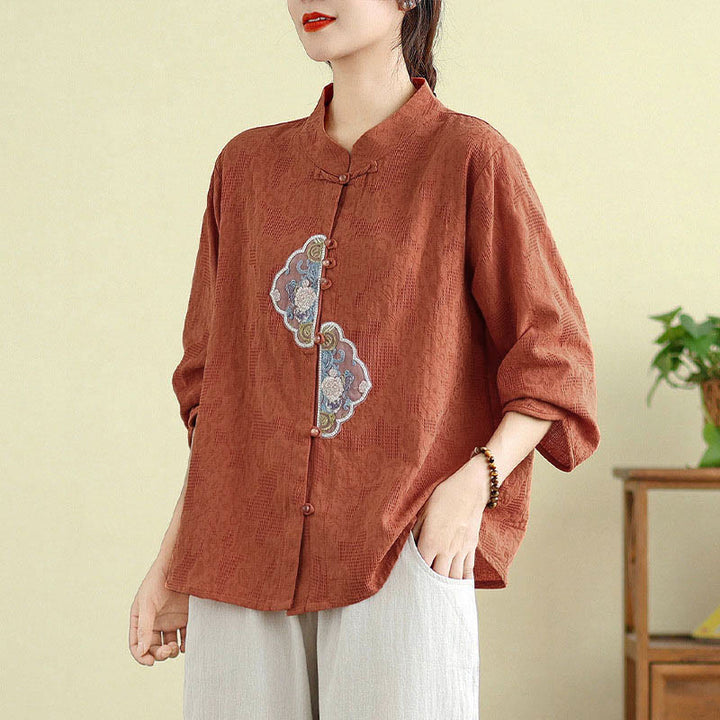 Camicia da donna in cotone con maniche a tre quarti, bottoni a rana, ricamo floreale in jacquard Buddha Stones - Pomodoro - US12, UK/AU16, EU44 (3XL) - image 0