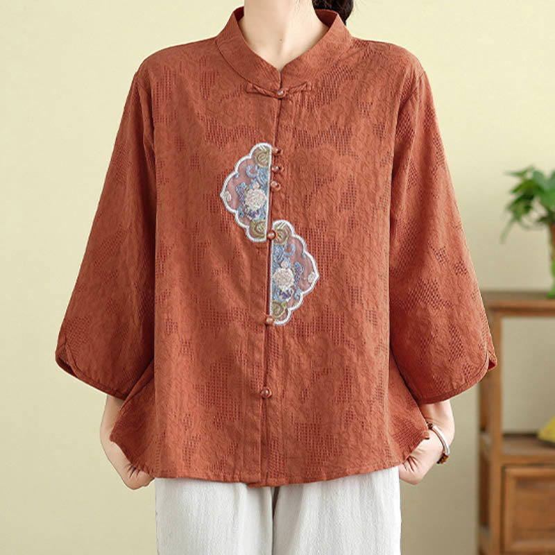 Camicia da donna in cotone con maniche a tre quarti, bottoni a rana, ricamo floreale in jacquard Buddha Stones - image 1