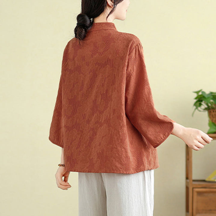 Camicia da donna in cotone con maniche a tre quarti, bottoni a rana, ricamo floreale in jacquard Buddha Stones - image 2