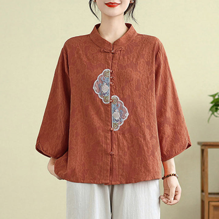 Camicia da donna in cotone con maniche a tre quarti, bottoni a rana, ricamo floreale in jacquard Buddha Stones - image 5