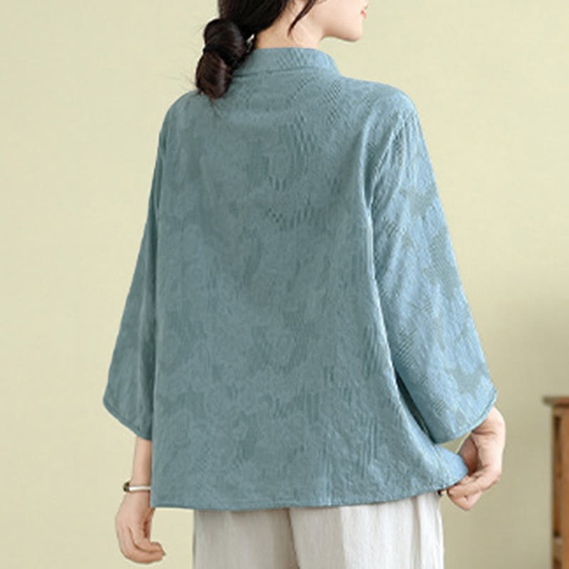Camicia da donna in cotone con maniche a tre quarti, bottoni a rana, ricamo floreale in jacquard Buddha Stones - image 12