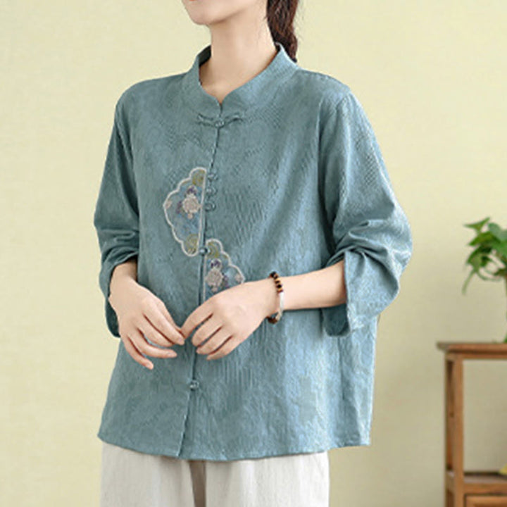 Camicia da donna in cotone con maniche a tre quarti, bottoni a rana, ricamo floreale in jacquard Buddha Stones - image 11