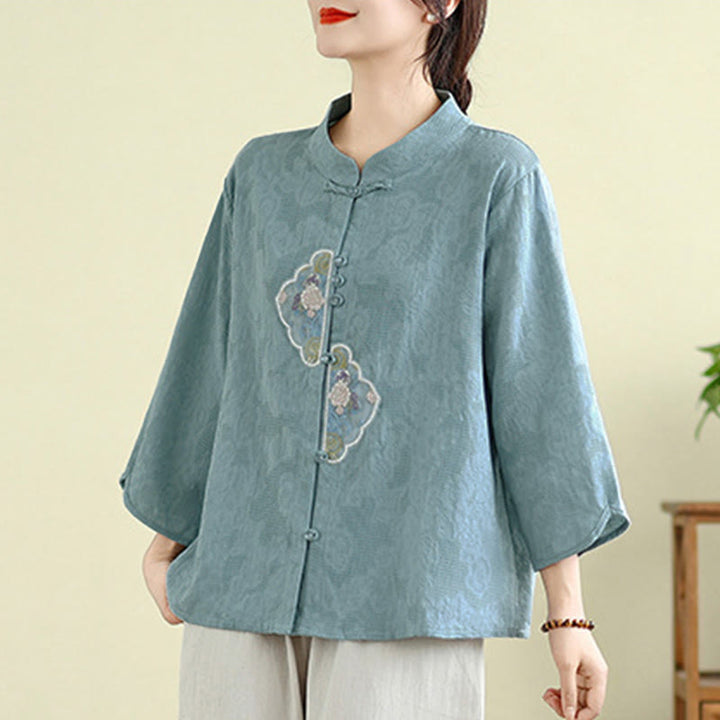 Camicia da donna in cotone con maniche a tre quarti, bottoni a rana, ricamo floreale in jacquard Buddha Stones - image 13