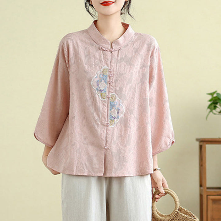 Camicia da donna in cotone con maniche a tre quarti, bottoni a rana, ricamo floreale in jacquard Buddha Stones - image 16
