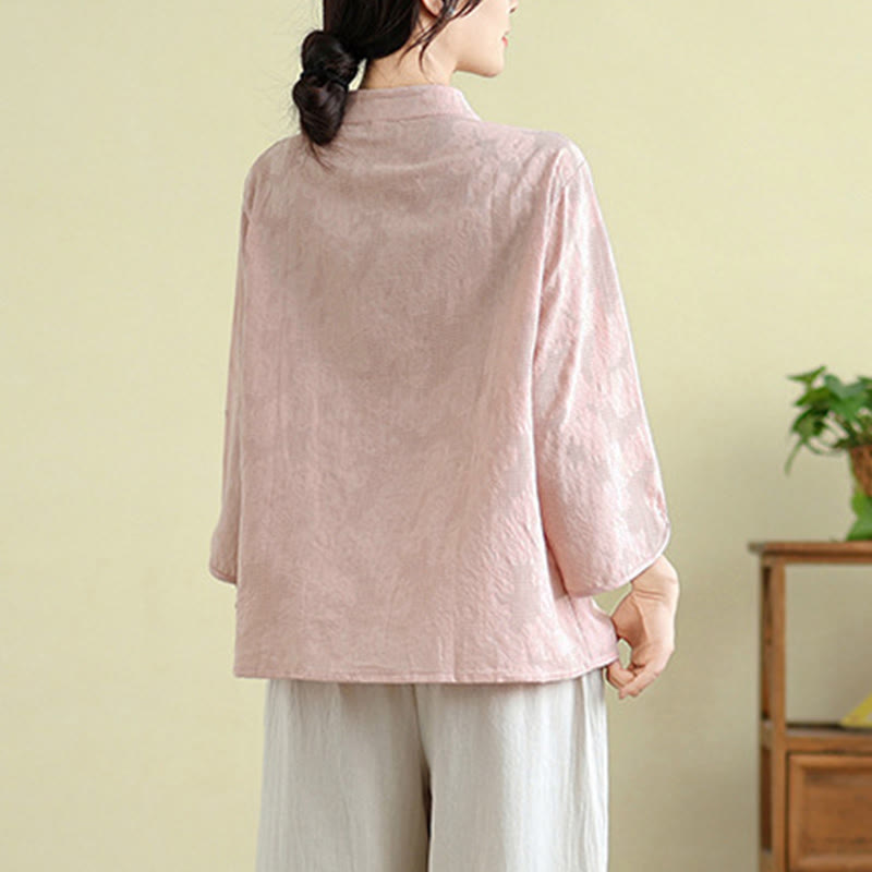 Camicia da donna in cotone con maniche a tre quarti, bottoni a rana, ricamo floreale in jacquard Buddha Stones - image 18