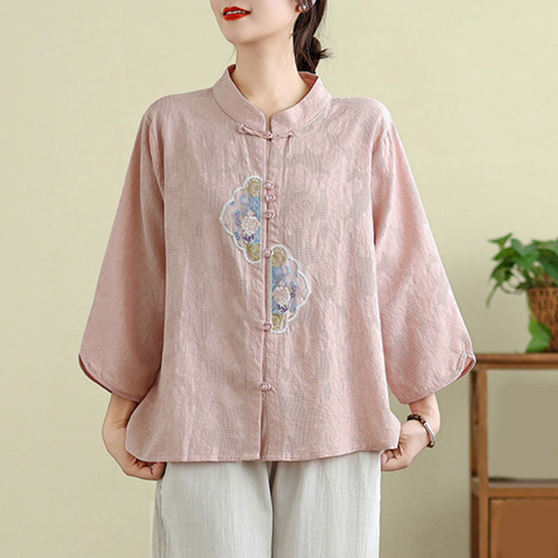 Camicia da donna in cotone con maniche a tre quarti, bottoni a rana, ricamo floreale in jacquard Buddha Stones - image 19
