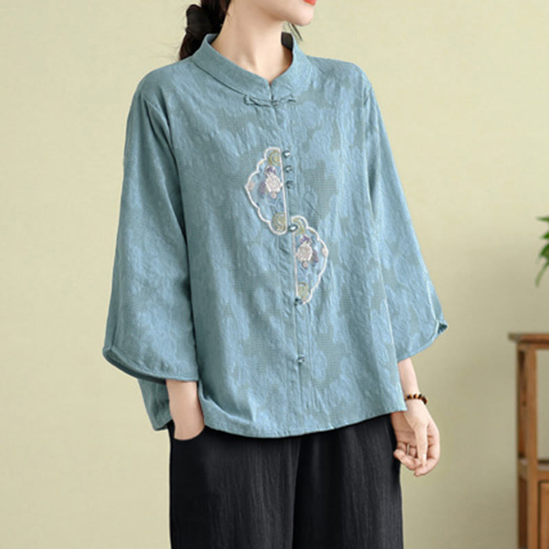 Camicia da donna in cotone con maniche a tre quarti, bottoni a rana, ricamo floreale in jacquard Buddha Stones - image 14