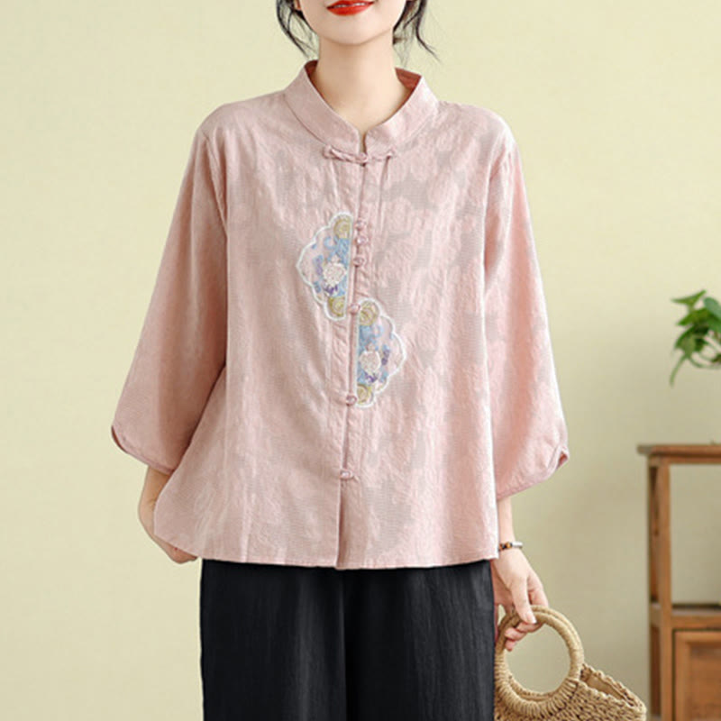 Camicia da donna in cotone con maniche a tre quarti, bottoni a rana, ricamo floreale in jacquard Buddha Stones - image 20