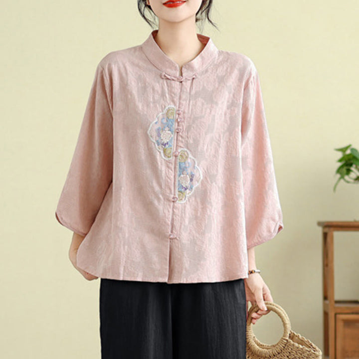 Camicia da donna in cotone con maniche a tre quarti, bottoni a rana, ricamo floreale in jacquard Buddha Stones - image 20