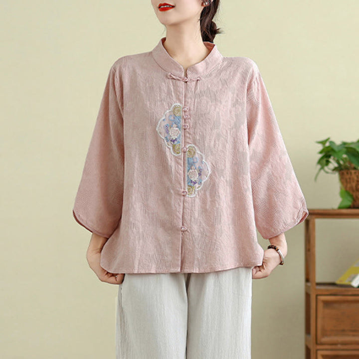 Camicia da donna in cotone con maniche a tre quarti, bottoni a rana, ricamo floreale in jacquard Buddha Stones - image 17