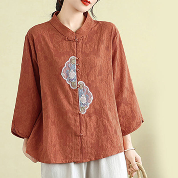 Camicia da donna in cotone con maniche a tre quarti, bottoni a rana, ricamo floreale in jacquard Buddha Stones - image 6