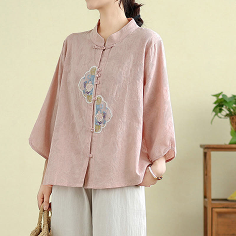 Camicia da donna in cotone con maniche a tre quarti, bottoni a rana, ricamo floreale in jacquard Buddha Stones - image 21