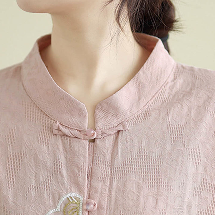 Camicia da donna in cotone con maniche a tre quarti, bottoni a rana, ricamo floreale in jacquard Buddha Stones - image 22