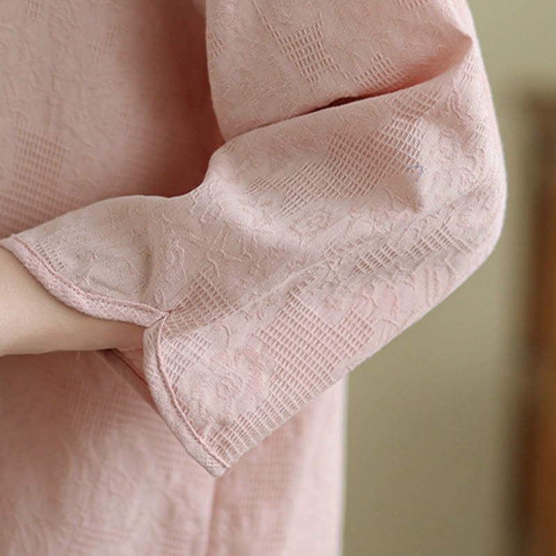 Camicia da donna in cotone con maniche a tre quarti, bottoni a rana, ricamo floreale in jacquard Buddha Stones - image 23