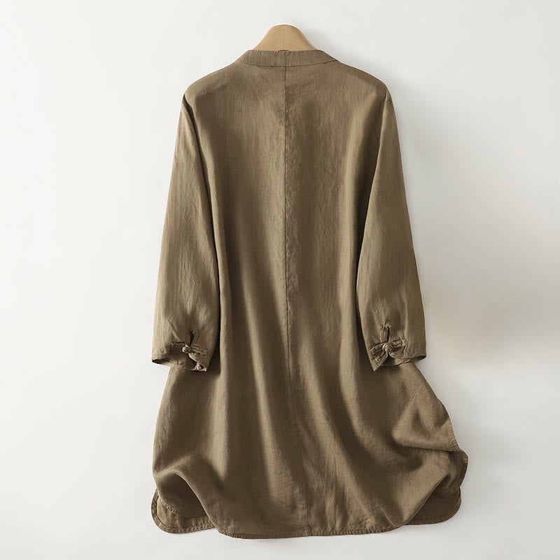 Camicia da donna in cotone di media lunghezza, manica a tre quarti, con colletto rialzato, bottoni a rana, tinta unita, Buddha Stones Fall - image 2