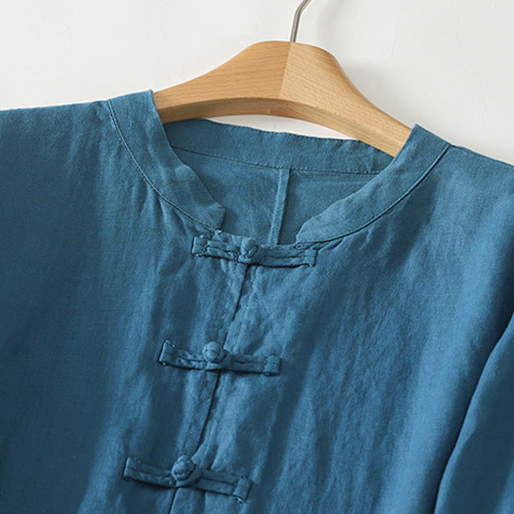 Camicia da donna in cotone di media lunghezza, manica a tre quarti, con colletto rialzato, bottoni a rana, tinta unita, Buddha Stones Fall - image 9