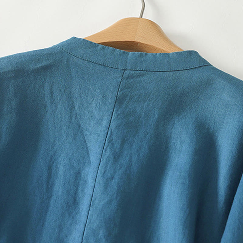 Camicia da donna in cotone di media lunghezza, manica a tre quarti, con colletto rialzato, bottoni a rana, tinta unita, Buddha Stones Fall - image 10