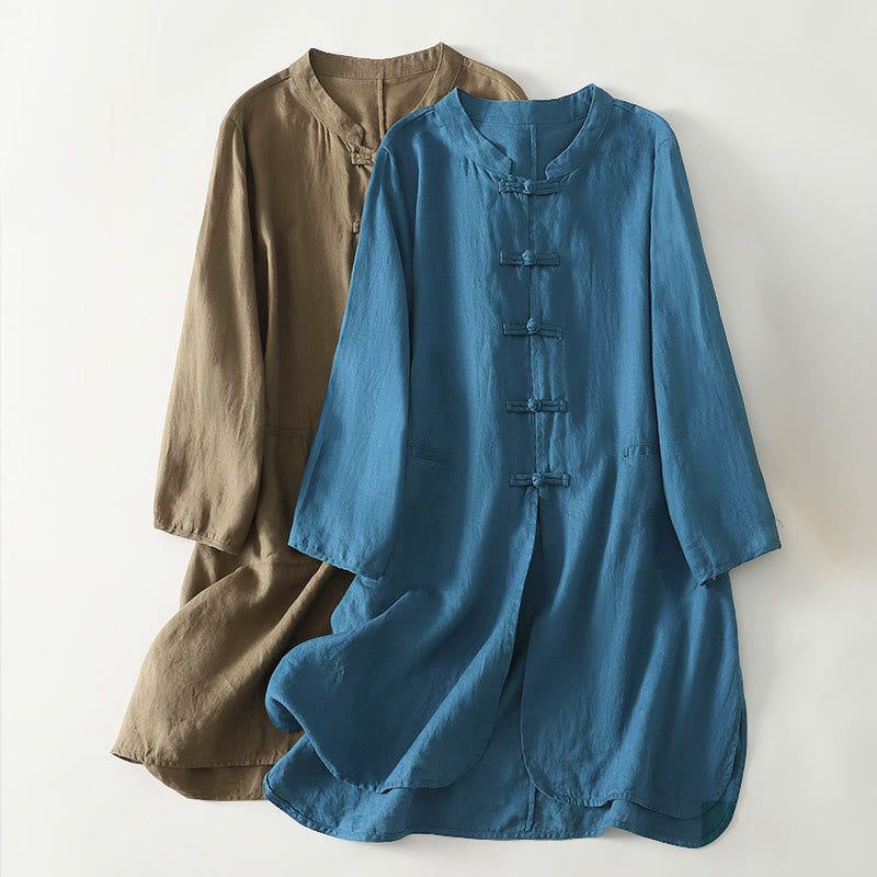 Camicia da donna in cotone di media lunghezza, manica a tre quarti, con colletto rialzato, bottoni a rana, tinta unita, Buddha Stones Fall - image 0