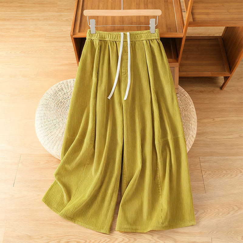Pantaloni da donna in velluto a coste con elastico in vita, lunghezza 7-8, gamba larga, Buddha Stones - Cachi - US4, UK/AU8, EU36 (F) - image 1