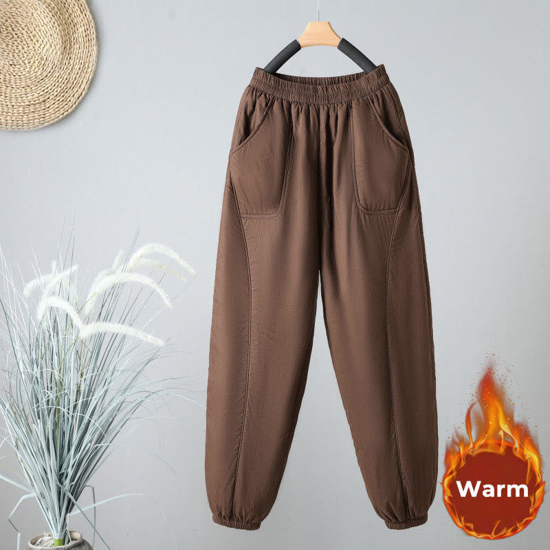Pantaloni harem da donna in cotone termico con elastico in vita invernale Buddha Stones, lunghezza 7-8, con tasche - Marrone sella - US8-10, UK/AU12-14, EU40-42 (2XL) - image 1