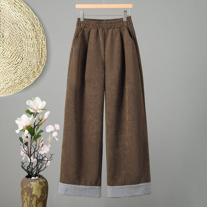 Pantaloni da donna in velluto a coste con gamba larga, elastico in vita e patchwork a quadri, lunghezza caviglia , Buddha Stones - Marrone sella - US8-10, UK/AU12-14, EU40-42 (2XL) - image 0