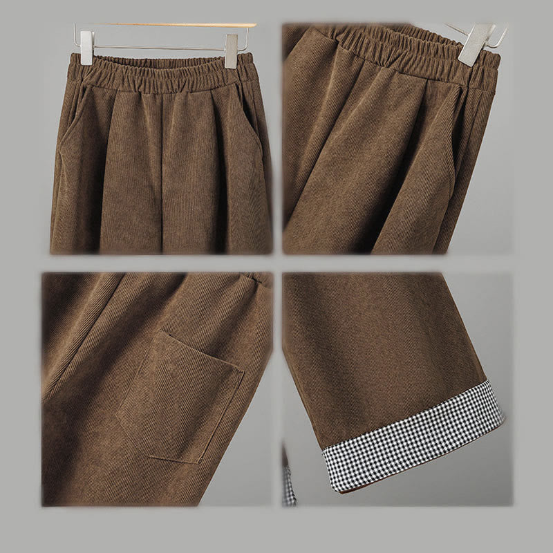 Pantaloni da donna in velluto a coste con gamba larga, elastico in vita e patchwork a quadri, lunghezza caviglia , Buddha Stones - image 8