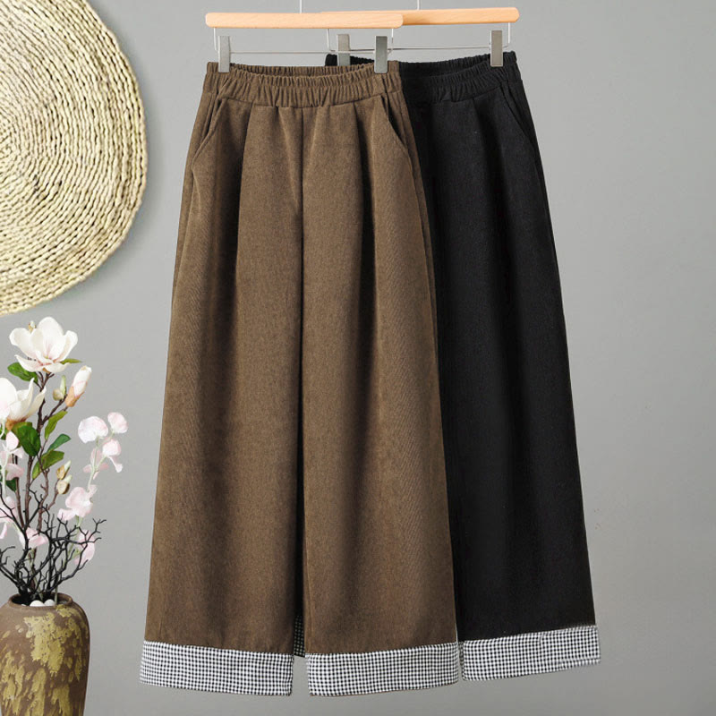 Pantaloni da donna in velluto a coste con gamba larga, elastico in vita e patchwork a quadri, lunghezza caviglia , Buddha Stones - image 9