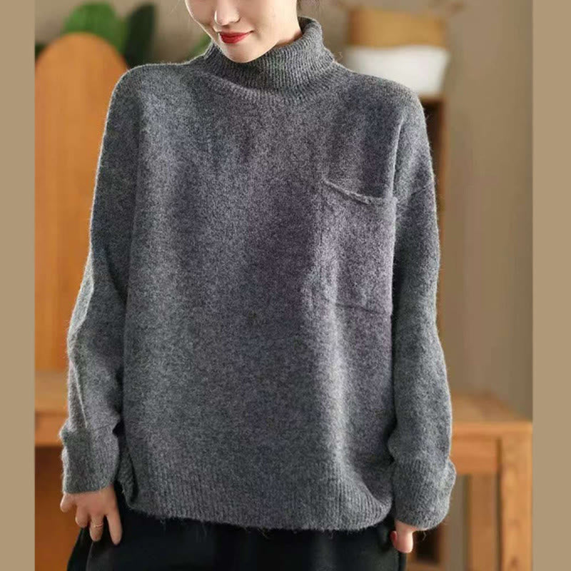 Maglione da donna in cotone lavorato a maglia, a maniche lunghe, con collo alto e tinta unita invernale Buddha Stones - Grigio - US4, UK/AU8, EU36 (F) - image 10