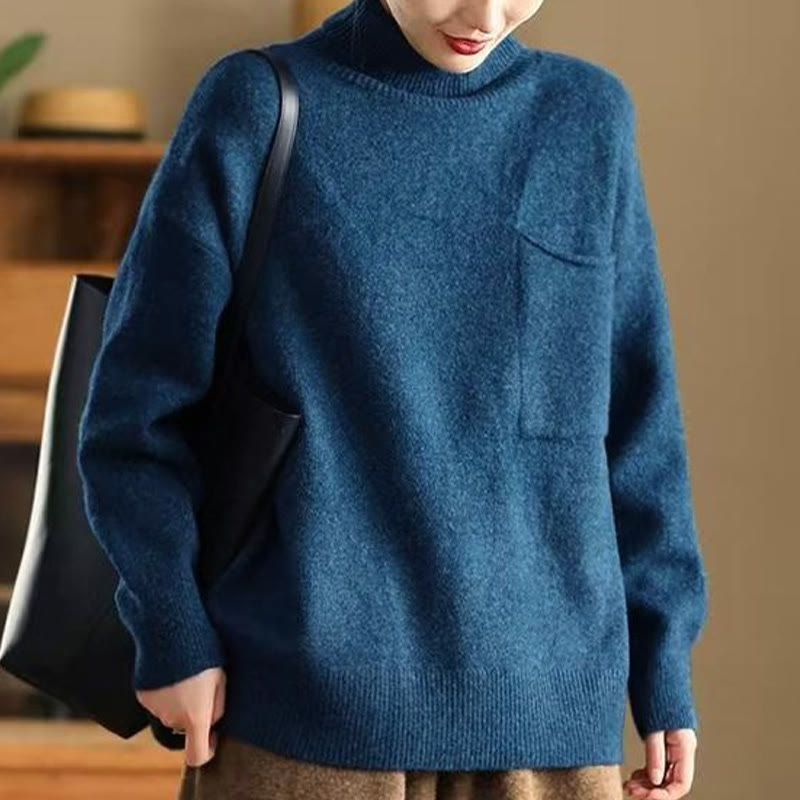 Maglione da donna in cotone lavorato a maglia, a maniche lunghe, con collo alto e tinta unita invernale Buddha Stones - image 1