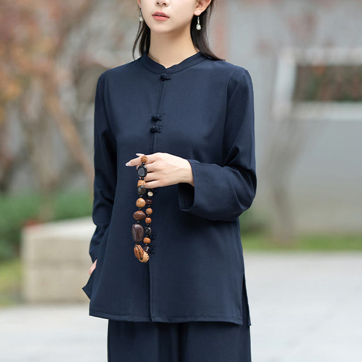 Set di 2 pezzi Buddha Stones , camicia a maniche lunghe con bottoni cinesi, pantaloni, meditazione, Zen, Tai Chi, abbigliamento in cotone da donna - image 5