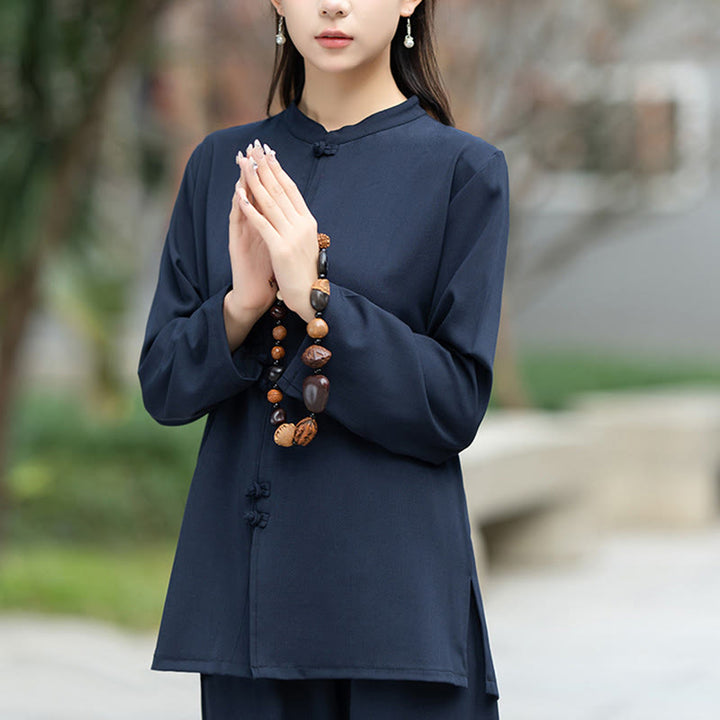 Set di 2 pezzi Buddha Stones , camicia a maniche lunghe con bottoni cinesi, pantaloni, meditazione, Zen, Tai Chi, abbigliamento in cotone da donna - image 6