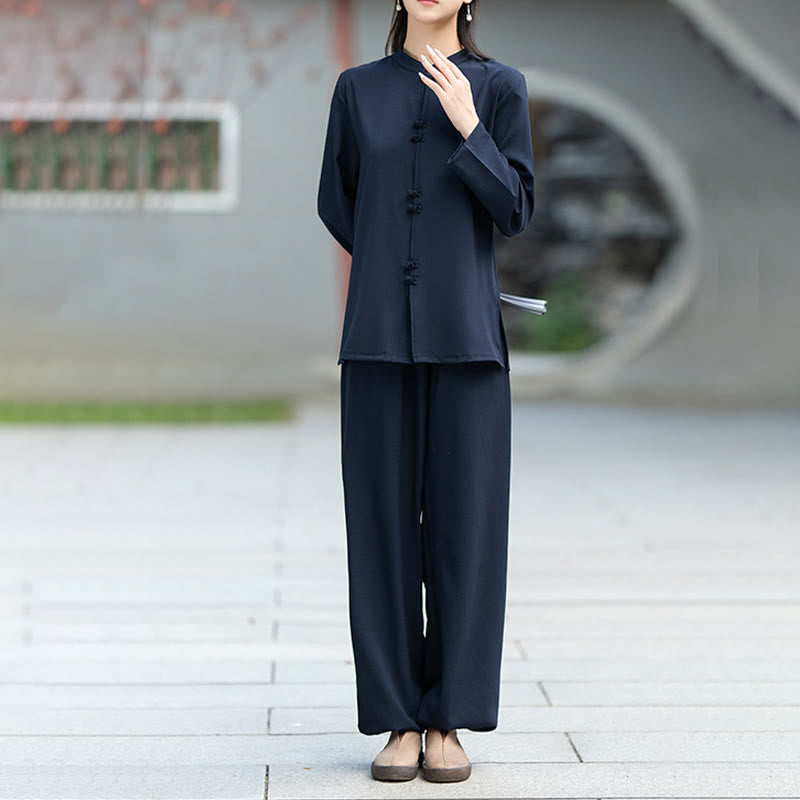 Set di 2 pezzi Buddha Stones , camicia a maniche lunghe con bottoni cinesi, pantaloni, meditazione, Zen, Tai Chi, abbigliamento in cotone da donna - image 3