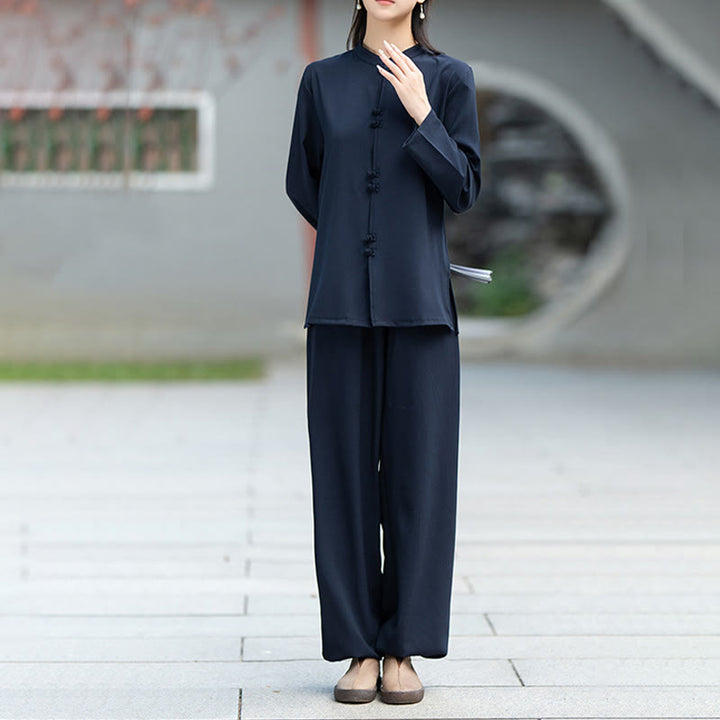 Set di 2 pezzi Buddha Stones , camicia a maniche lunghe con bottoni cinesi, pantaloni, meditazione, Zen, Tai Chi, abbigliamento in cotone da donna - image 3