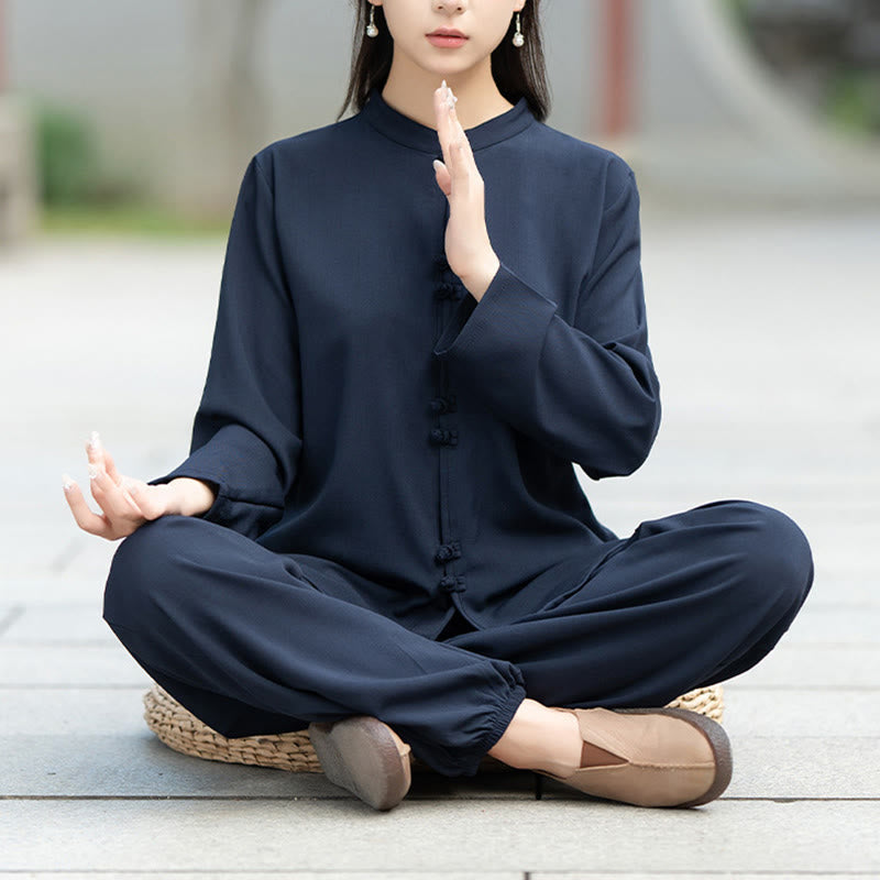 Set di 2 pezzi Buddha Stones , camicia a maniche lunghe con bottoni cinesi, pantaloni, meditazione, Zen, Tai Chi, abbigliamento in cotone da donna - SteelBlue - US8-10, UK/AU12-14, EU40-42 (2XL) - image 0